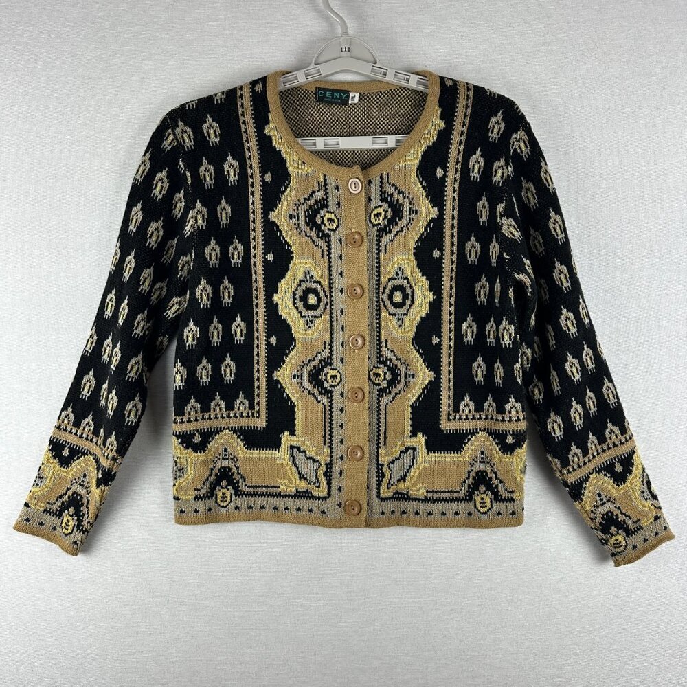 CENY WOMEN'S RUG PRINT ACRYLIC SWEATER LONG SLEEVE BUTTO-UP VINTAGE SIZE S - Picture 3 of 9